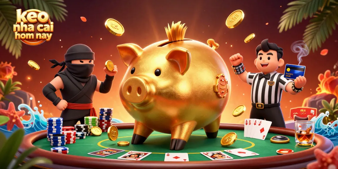 Engage with keo nha cai hom nay as a colossal golden piggy bank sumo wrestler shakes coins in an exciting casino scene.
