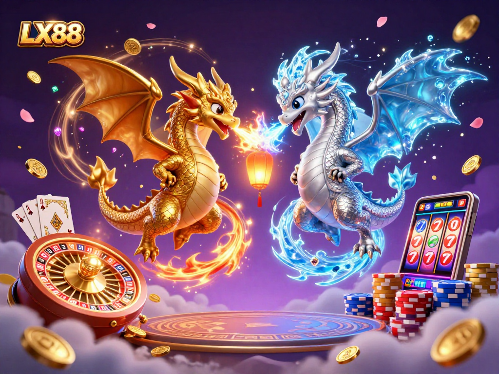 Experience the thrilling adventure of LX88 with majestic gold and silver dragons amidst a vibrant casino scene.