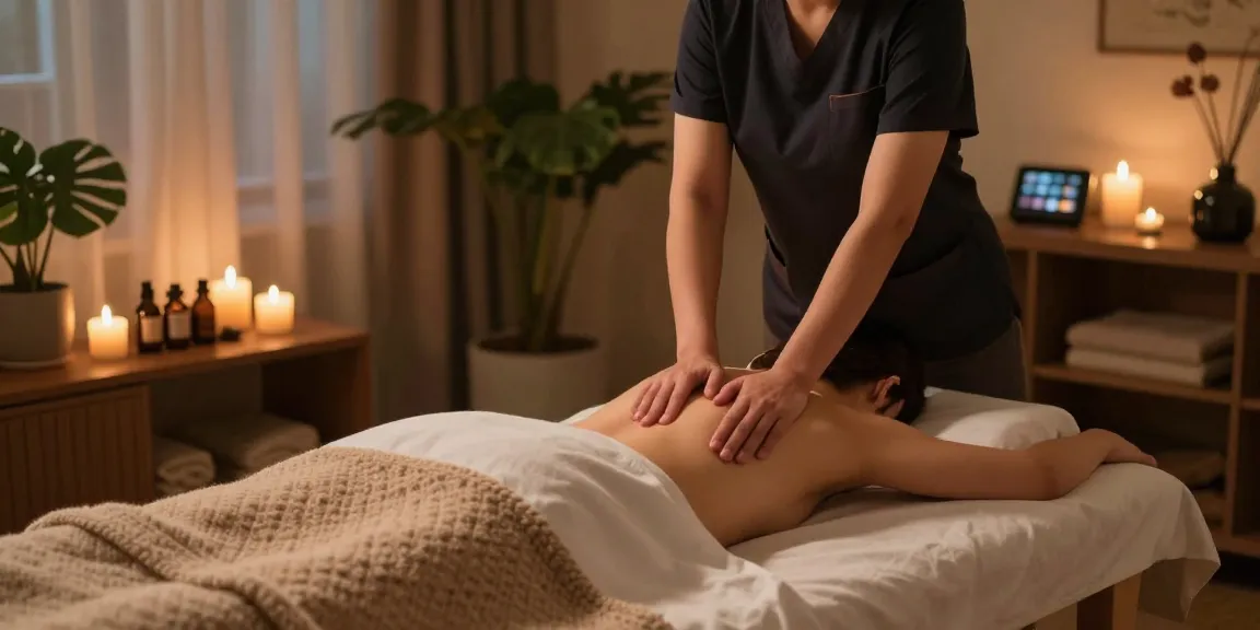 Relaxing 광명출장마사지 scene with professional therapist in tranquil home setting.