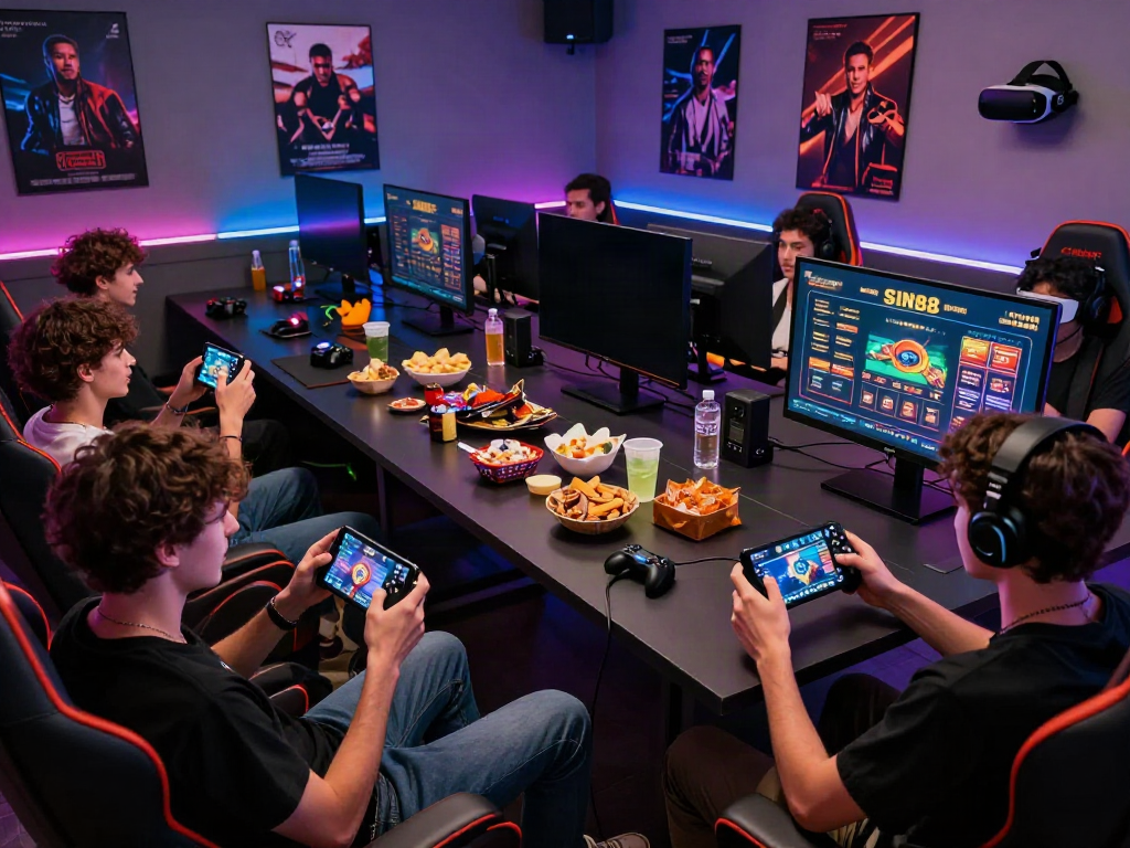 Friends enjoying an online gaming session at SIN88 with vibrant LED lighting and casino interface.