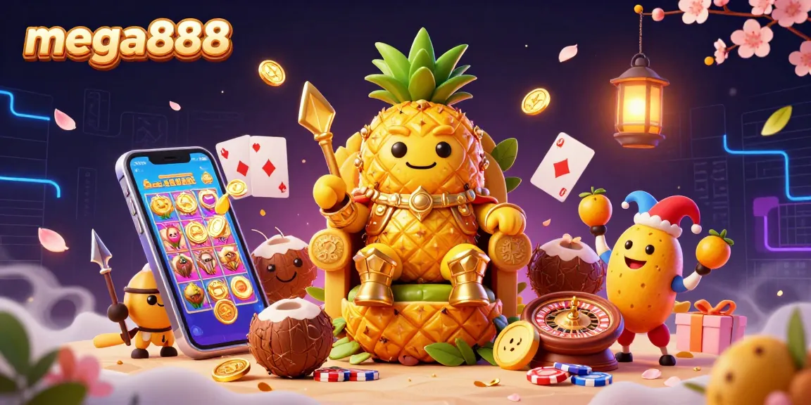 Experience mega888's vibrant gaming world as characters engage in exciting slot action, all set in a dynamic beach casino scene.