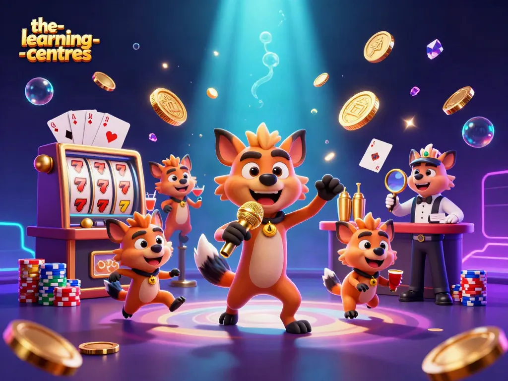 The-learning-centres hyenas comedy casino scene with sparkling gems and golden coins.