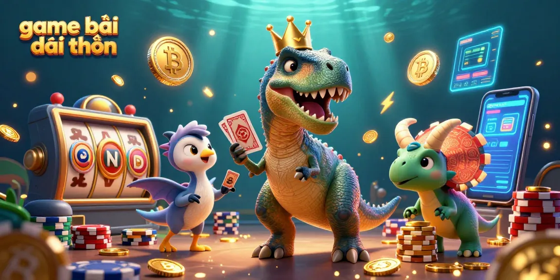 Engage in game bài đổi thưởng with a T-Rex shuffling cards and thrilling casino elements.