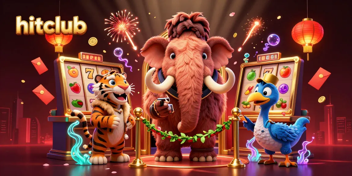 Hitclub reveals a vibrant casino scene with a woolly mammoth bouncer checking IDs amidst animated slot games and festive decorations.