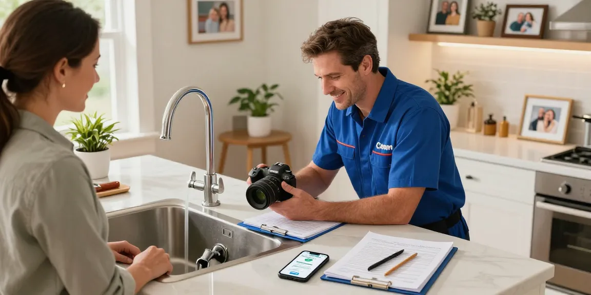 Plumber Stevens Point WI repairing a kitchen sink while a homeowner observes in a warm, inviting atmosphere.