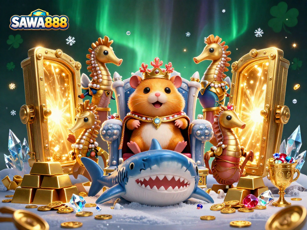 Spin to win at SAWA888 with a golden hamster king on a megalodon throne amidst treasure.