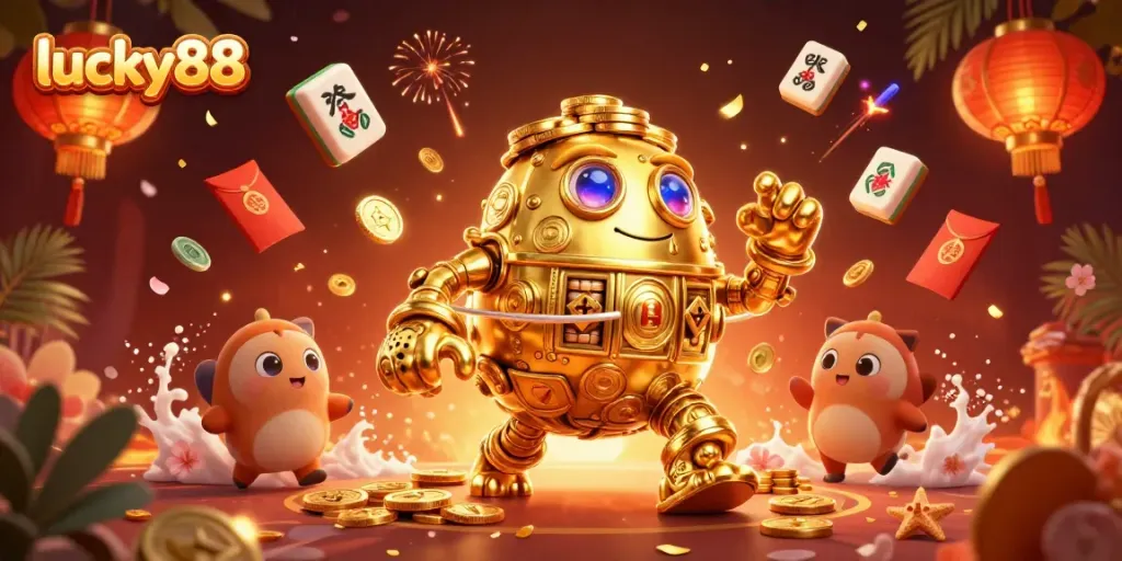 Experience the vibrant world of lucky88 featuring a golden golem and exciting casino elements in a 3D illustration.
