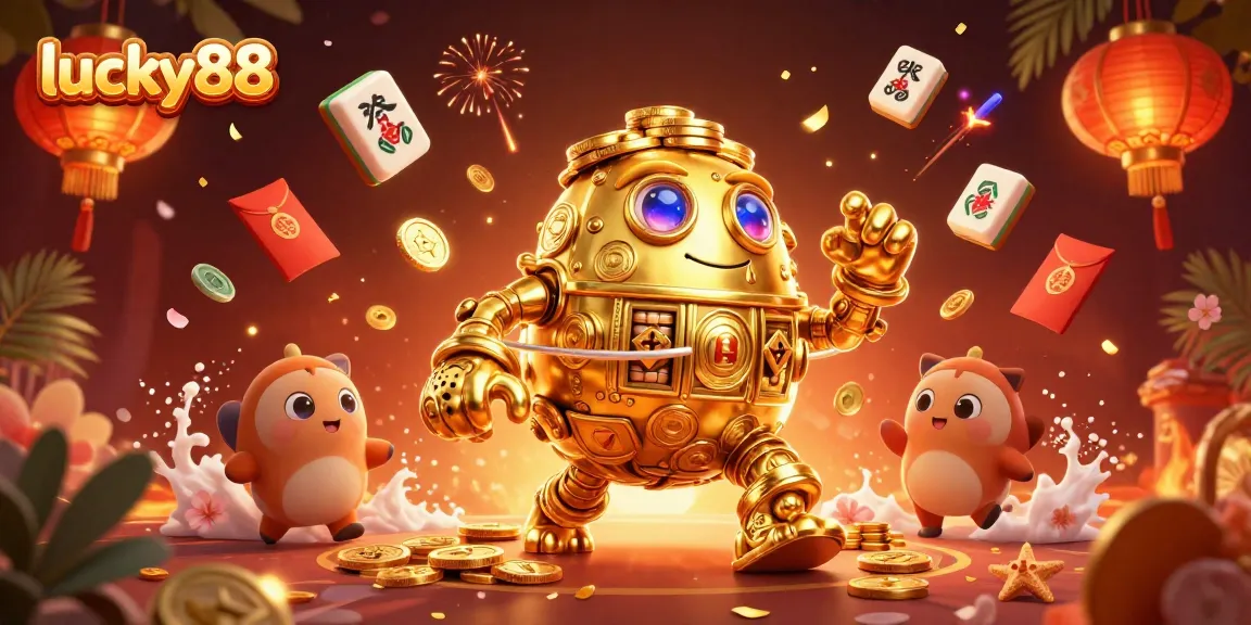 Experience the vibrant world of lucky88 featuring a golden golem and exciting casino elements in a 3D illustration.