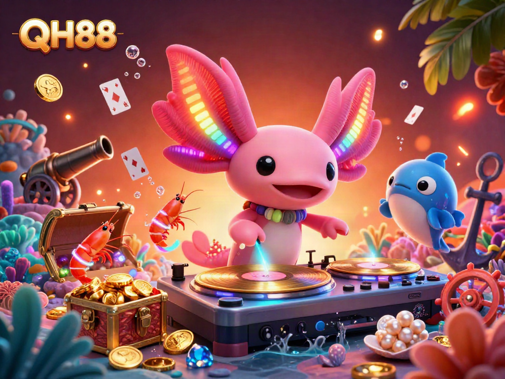 Experience the vibrant QH88 underwater casino scene animated by a neon DJ axolotl and lively shrimp crew.