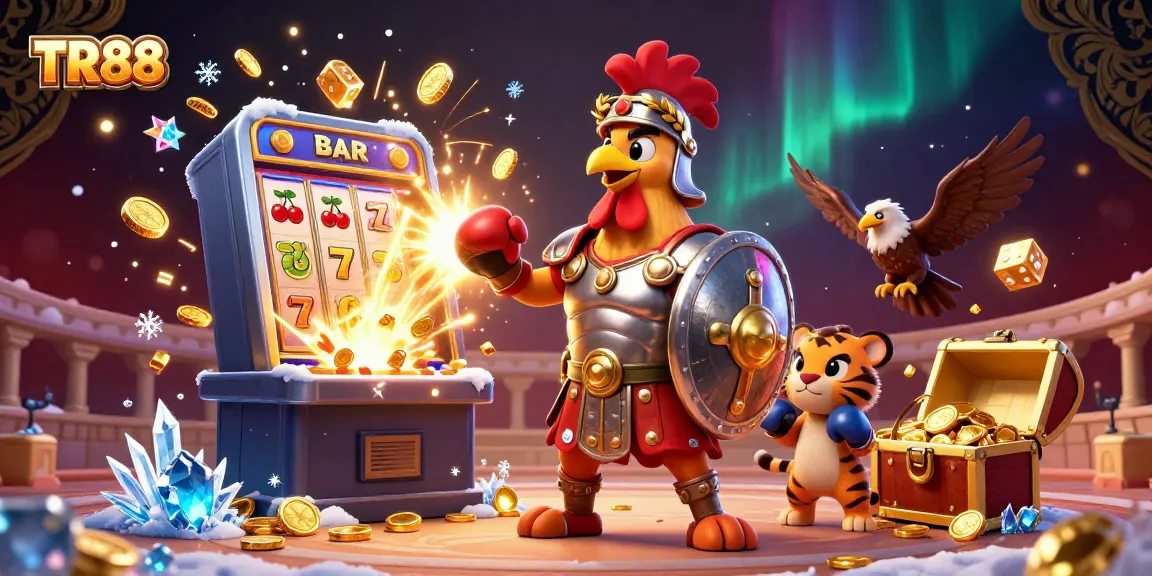 TR88 brings excitement with a gladiator rooster and tiger cub in an action-packed casino scene.