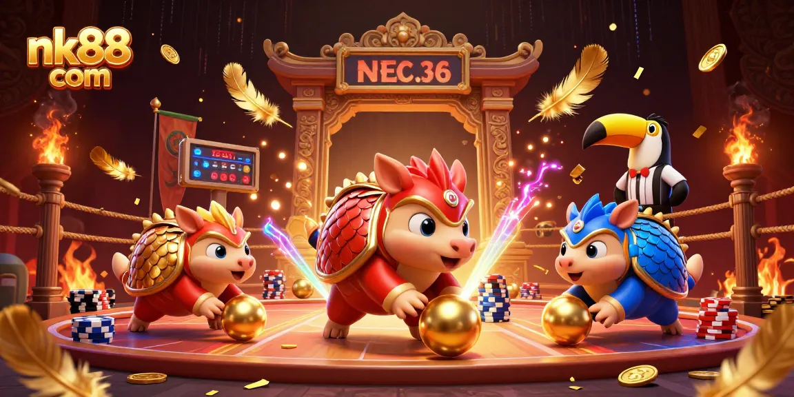 Engage with nk88 com in a vibrant casino scene featuring animated pangolins bowling through poker chips in 2026.
