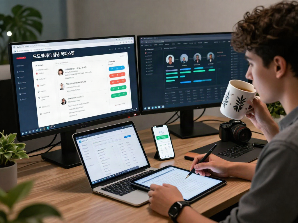 Engaged individual verifying 토토사이트 검증 먹튀스팟 with multiple screens highlighting betting data and safety reviews, in a modern workspace.
